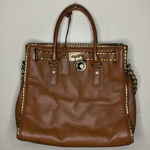 Michael Kors Brown and Gold Leather Tote with Padlock Detail